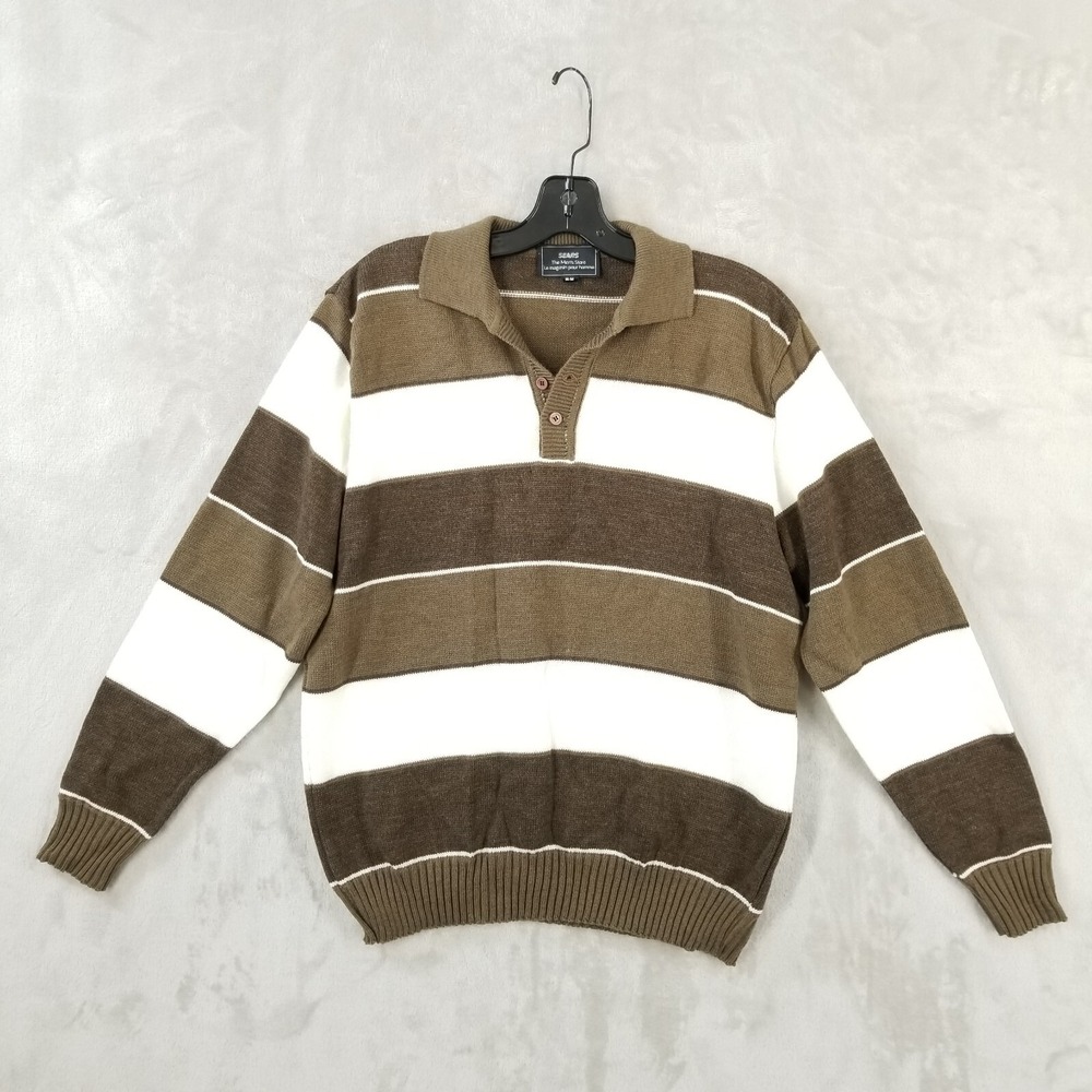 Vintage Brown and White Striped V-Neck Sweater